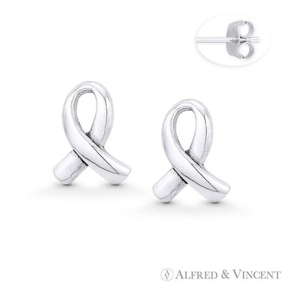 Cancer Awareness Ribbon Stud Earrings in .925 Sterling Silver - Picture 1 of 1
